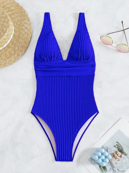 Deep V-neck Solid Tummy Control Swimsuits - Image 7
