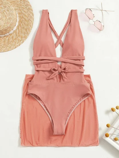 Plunge Neck Tummy Control Swimsuit Set - Image 7