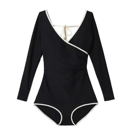 V-neck Long Sleeve Tummy Control Swimsuit