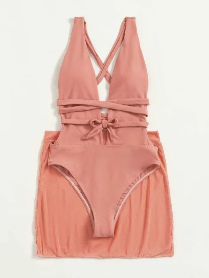 Plunge Neck Tummy Control Swimsuit Set - Image 3