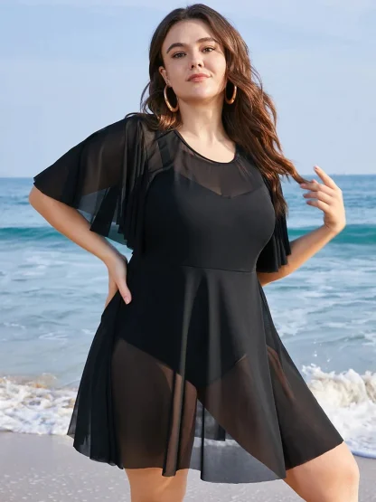 Solid Mesh Tummy Control Swimdresses - Image 3