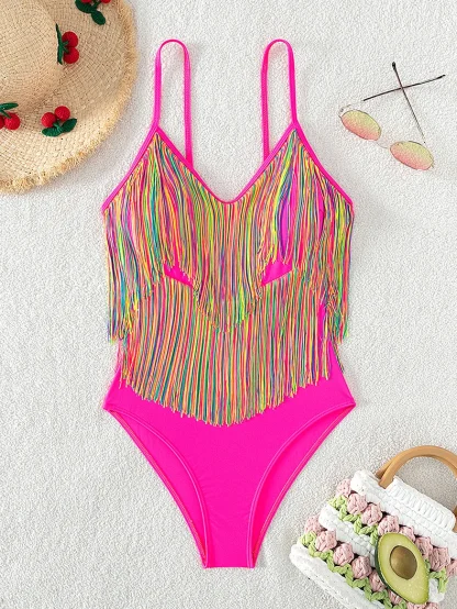 Colorful Tassel Tummy Control Swimsuit - Image 2