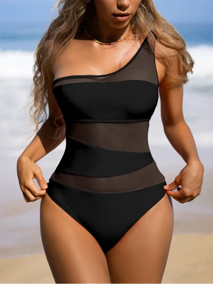 One-shoulder Mesh Tummy Control Swimsuits - Image 4